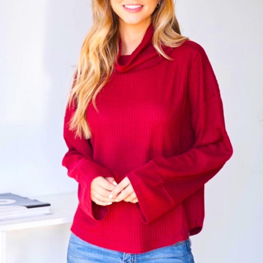 Pomegranate cranberry waffle knit cowl neck batwing sleeve, NEW!